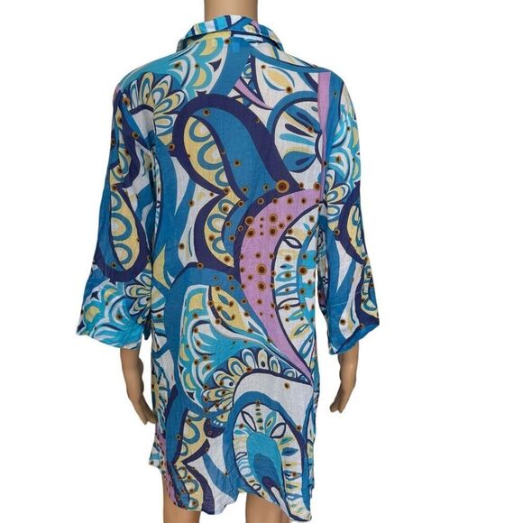 COLORI DI MARE 100% cotton Shirt Beaded Kaftan beach cover up L/XL - Picture 3 of 9